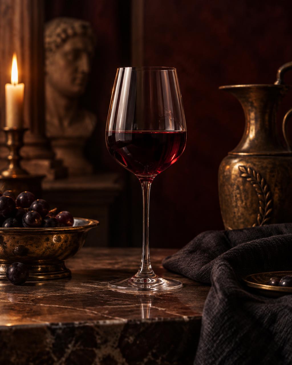 Tiefroter Wein in einem Glas mit patiniertem Messing
